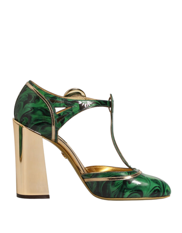Grüne Leder-T-Riemen-Sandalen mit Absatz