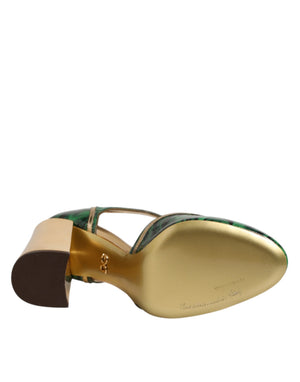 Grüne Leder-T-Riemen-Sandalen mit Absatz