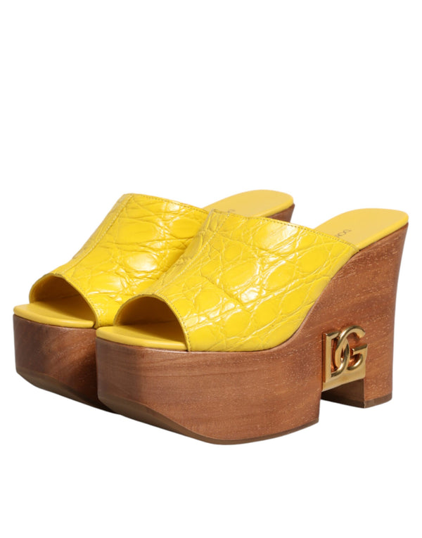 Gelbe Leder-Holz-Mule-Keil-Slides
