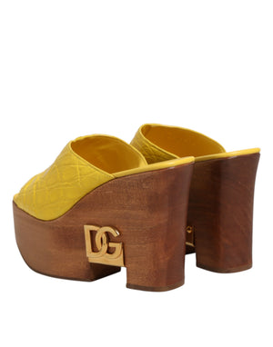 Gelbe Leder-Holz-Mule-Keil-Slides