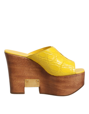 Gelbe Leder-Holz-Mule-Keil-Slides