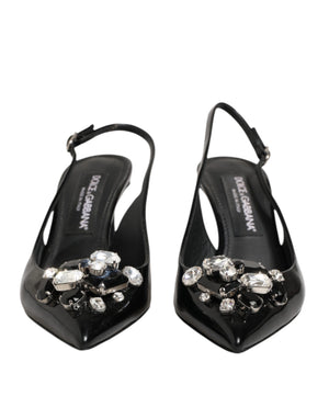 Schwarze Lackleder-Slingback-Schuhe mit Kristallen