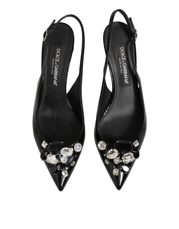 Schwarze Lackleder-Slingback-Schuhe mit Kristallen
