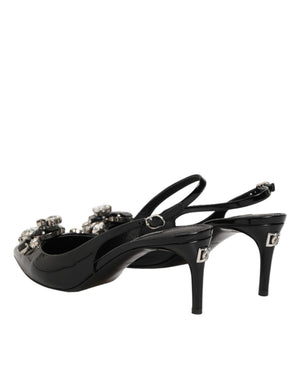 Schwarze Lackleder-Slingback-Schuhe mit Kristallen