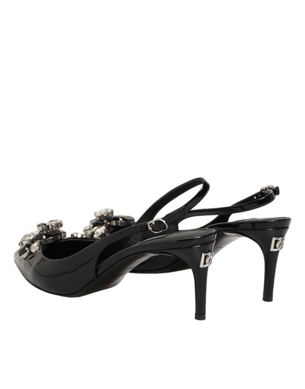 Schwarze Lackleder-Slingback-Schuhe mit Kristallen