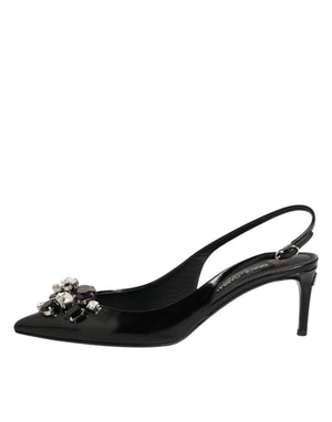 Schwarze Lackleder-Slingback-Schuhe mit Kristallen