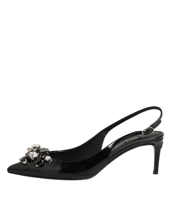 Schwarze Lackleder-Slingback-Schuhe mit Kristallen