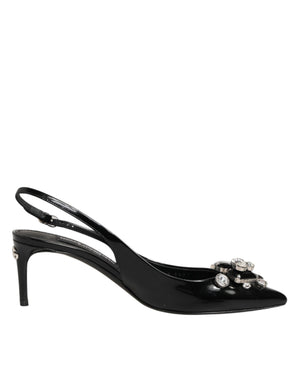 Schwarze Lackleder-Slingback-Schuhe mit Kristallen