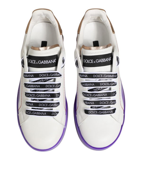Weiße und Lila Leder-Sneaker mit niedrigem Schaft