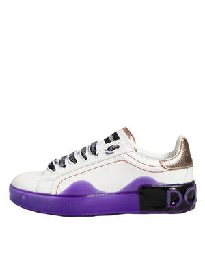 Weiße und Lila Leder-Sneaker mit niedrigem Schaft